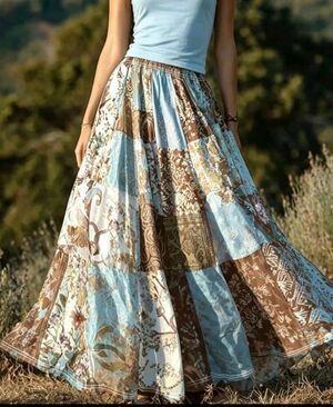 Women's Boho Patchwork Maxi Skirt Long Flowy Blue Brown Floral Bohemian Hippie